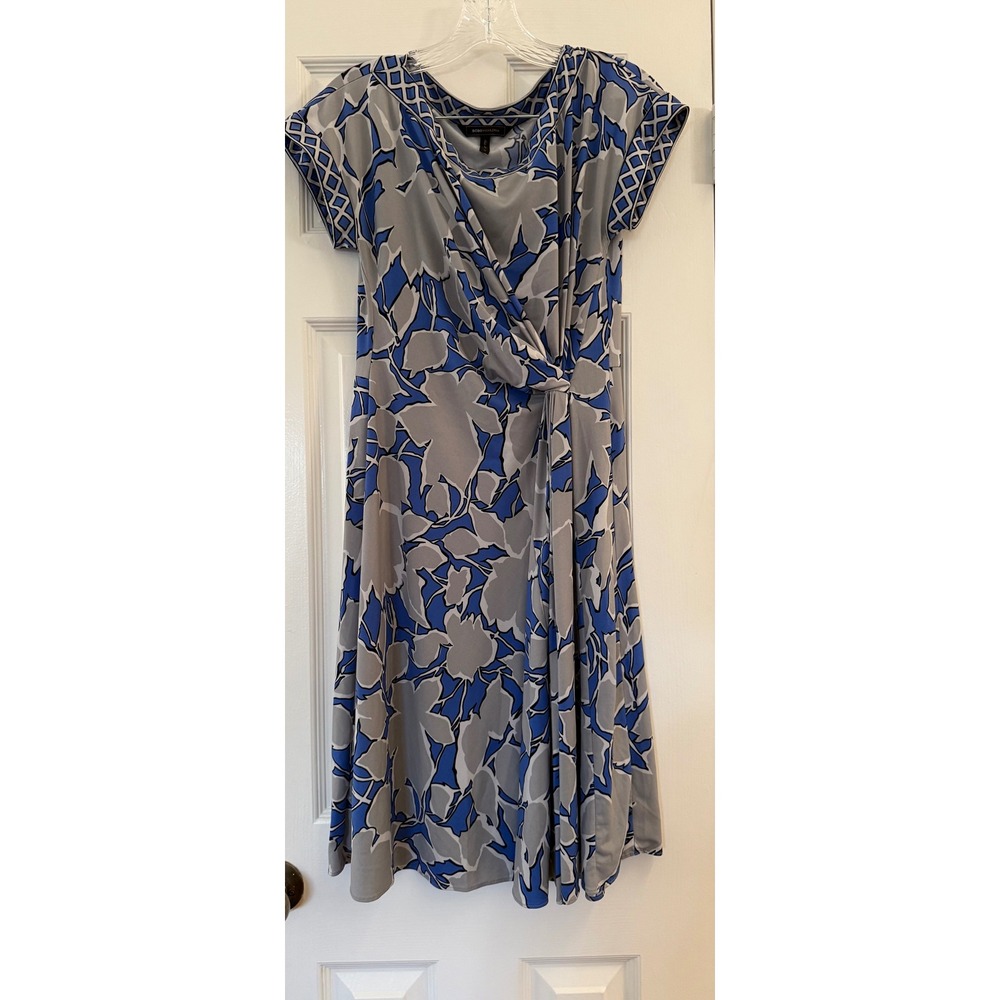 BCBGMAXAZRIA Blue Grey Floral Faux Wrap Midi Dress Medium Modern Classic